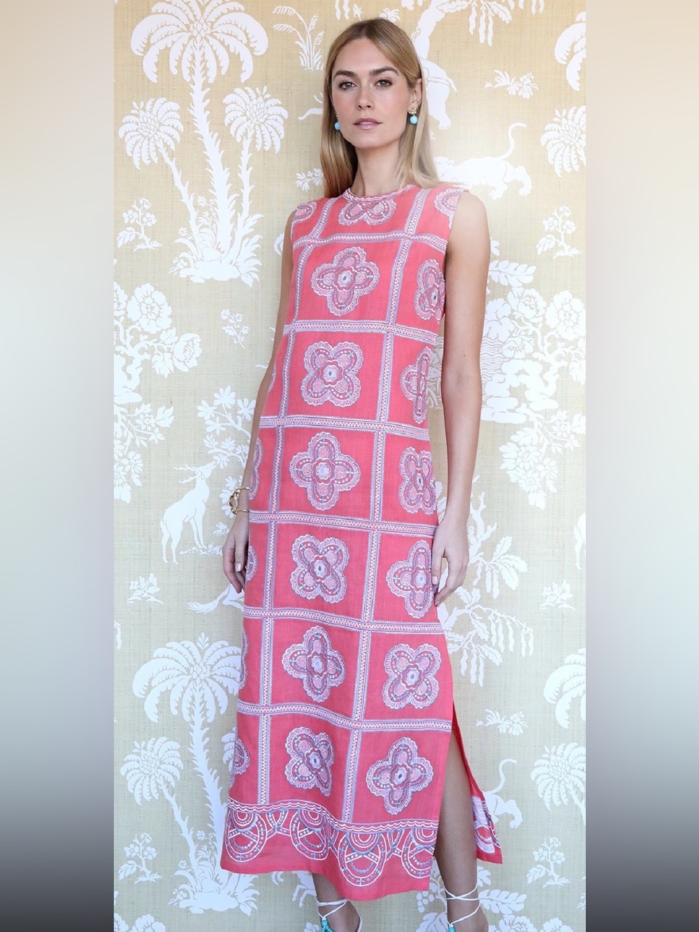 ASHA Sleeveless Coral Maxi Dress with Tile-Print Panels